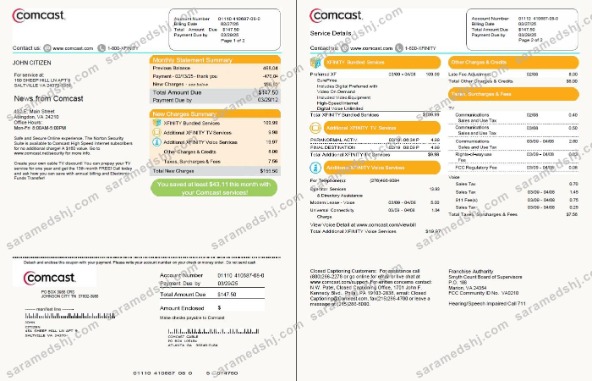 USA Comcast utility bill template in Word and PDF formats, 2 pages
